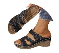 Sandalen Damen Pantoletten Mit Keilabsatz Rundem Dicker Sohle Hohler Zehenpartie Clipverschluss Und Schrägem Absatz Frauen Sommer Latschen Slide Bequem Damensommerschuhe Schuhe Für 37 Schwarz 38