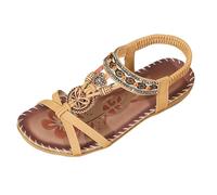 Sandalen Damen Sommer Bequem Boho Flach Orthopädische Schuhe Breite Füße Pantoletten Damen mit Glitzer Strass Offene Hausschuhe Elegant Leichte Sandals Strand Sommerschuhe (Yellow, 43)