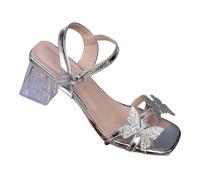 Sandalen Damen Sommer Bequem Sommerschuhe Strassbesetzte Schmetterlings Strandsandalen mit klobigem Absatz Modische Transparente Kristall Pantoletten mit Riemchen Sandaletten