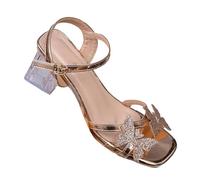 Sandalen Damen Sommer Bequem Sommerschuhe Strassbesetzte Schmetterlings Strandsandalen mit klobigem Absatz Modische Transparente Kristall Pantoletten mit Riemchen Sandaletten