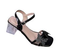 Sandalen Damen Sommer Bequem Sommerschuhe Strassbesetzte Schmetterlings Strandsandalen mit klobigem Absatz Modische Transparente Kristall Pantoletten mit Riemchen Sandaletten