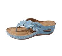 Sandalen Damen Sommer Flach Schön Bequem Zehentrenner Sandaletten Bohemian Strand Schuhe Freizeit Flip Flops Flache Elegant Sandaletten mit Strass Perlen Weiche Fußbett (Sky Blue, 37)