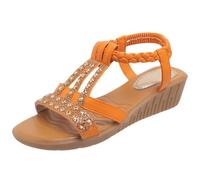 sandalen damen sommer Sandaletten Bequem Peep Toe Strass Bohemia Sandalen Sommer Rutschfeste Sommerschuhe Leicht Keilabsatz Breite Füße Gummiband Slingback Elegante Schöne bequeme brautschuhe Orange