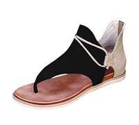 Sandalen Frauen Sommer Clip-Toe Schuhe Reißverschluss Bequeme Sandalen Wohnungen Lady Casual Beach (42,2Schwarz)