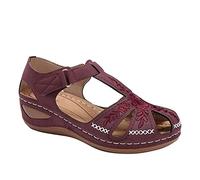 Sandalen für Damen, lässig, Sommer, weiches Leder, geschlossene Zehen, Vintage-Anti-Rutsch-Sandalen für Damen, Hohle Sandalen mit geschlossenen Zehen, Sommersandalen, Keilsandalen, Rot, US9/EU41