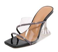 Sandalen mit Absatz für Damen, modische Schlupfsandalen mit quadratischer Zehenpartie und Stilettoabsatz, Sandalen mit transparentem Absatz für Partys und Hochzeiten,Schwarz,37 EU