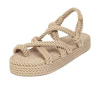 Sandalen Schuhe Frauen Böhmische Flache Leinen Seil Plattform Weibliche Open Toe Slip-On Schuhe (38,1beige)