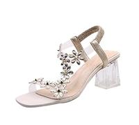 Sandalette Damen High Heels Frühling Frauen Sandalen Kristallabsatz Heel Strass Blumen Casual Mit Absatz Elegante Für Hochzeit Hohe Schuhe Elegant Sandaletten Damenschuhe Sommer Kleiner Sandale Beige