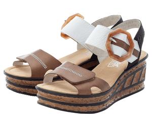 Sandalette RIEKER, Damen, Gr. 40, schwarz (braun, weiß, schwarz), Lederimitat, mehrfarbig, Schuhe Sandalette, Sommerschuh, Sandale, Keilabsatz, im modischen Look (69242459-40) braun, weiß, schwarz