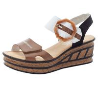 Sandalette RIEKER, Damen, Gr. 42, schwarz (braun, weiß, schwarz), Lederimitat, mehrfarbig, Schuhe Sandalette, Sommerschuh, Sandale, Keilabsatz, im modischen Look (69242459-42) braun, weiß, schwarz