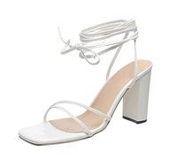 Sandaletten Damen Highheels Damenschuh Elegant Abend Party Schuhe Hochzeit Hackenschuhe Quadratische Offene Zehe Sandalen mit Riemen zum Schnüren mit klobigem Absatz Hohe-Absatz Sommerschuhe