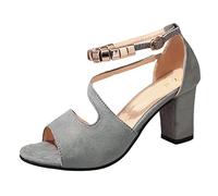 Sandaletten Damen Mit Absatz Elegant Blockabsatz Sandalen Fischmaul Sommerschuhe High Heels Sandals Römersandalen Schnalle Große Größe Abendschuhe Damen-Sandalen Sommer Party Hochzeit (Grey, 38)
