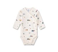 Sanetta Jungen-Wickelbody Beige | Nachhaltiger und süßer Wickelbody für Jungen aus Bio-Baumwolle. Langarm Body mit Fahrzeug-Allover | Baby Wickelbody