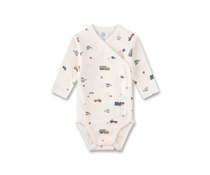 Sanetta Jungen-Wickelbody Beige | Nachhaltiger und süßer Wickelbody für Jungen aus Bio-Baumwolle. Langarm Body mit Fahrzeug-Allover | Baby Wickelbody