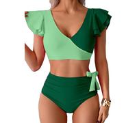 Sangdut Badeanzug Damen Bauchweg,Sexy V Ausschnitt Zweiteiliger Badeanzüge Rüschen High Waist Push Up Bademode Lace Up Bikini Swimsuit(Grün,XL)