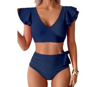 Sangdut Badeanzug Damen Bauchweg,Sexy V Ausschnitt Zweiteiliger Badeanzüge Rüschen High Waist Push Up Bademode Lace Up Bikini Swimsuit (Graublau,L)