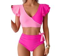 Sangdut Badeanzug Damen Bauchweg,Sexy V Ausschnitt Zweiteiliger Badeanzüge Rüschen High Waist Push Up Bademode Lace Up Bikini Swimsuit(Rosa,M)