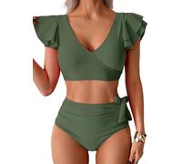 Sangdut Badeanzug Damen Bauchweg,Sexy V Ausschnitt Zweiteiliger Badeanzüge Rüschen High Waist Push Up Bademode Lace Up Bikini Swimsuit (Olivgrün,XXL)
