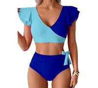 Sangdut Badeanzug Damen Bauchweg,Sexy V Ausschnitt Zweiteiliger Badeanzüge Rüschen High Waist Push Up Bademode Lace Up Bikini Swimsuit(Blau,XL)