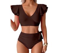 Sangdut Badeanzug Damen Bauchweg,Sexy V Ausschnitt Zweiteiliger Badeanzüge Rüschen High Waist Push Up Bademode Lace Up Bikini Swimsuit (Kaffeebraun,S)