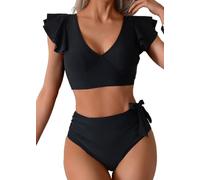 Sangdut Badeanzug Damen Bauchweg,Sexy V Ausschnitt Zweiteiliger Badeanzüge Rüschen High Waist Push Up Bademode Lace Up Bikini Swimsuit(Schwarz,2XL)