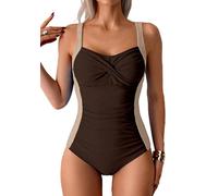 Sangdut Badeanzug Damen Einteilige, Bauchweg Badeanzüge mit Cups Sexy Push Up Bademode V-Ausschnitt Colour-Blocking Shape Schwimmanzug Swimsuit (XXL, Kaffeebraun)