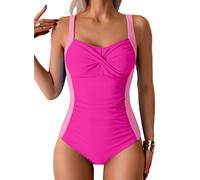 Sangdut Badeanzug Damen Einteilige, Bauchweg Badeanzüge mit Cups Sexy Push Up Bademode V-Ausschnitt Colour-Blocking Shape Schwimmanzug Swimsuit (L,Rosa)