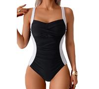 Sangdut Badeanzug Damen Einteilige, Bauchweg Badeanzüge mit Cups Sexy Push Up Bademode V-Ausschnitt Colour-Blocking Shape Schwimmanzug Swimsuit (S, Schwarz)