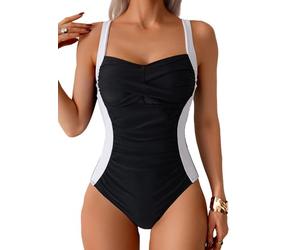 Sangdut Badeanzug Damen Einteilige, Bauchweg Badeanzüge mit Cups Sexy Push Up Bademode V-Ausschnitt Colour-Blocking Shape Schwimmanzug Swimsuit (L, Schwarz)