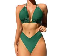 Sangdut Damen Zweiteiliger Bikini Set V Ausschnitt Badeanzug Push Up Shape Bikini Bademode Bauchkontrolle Mit Cups Triangel Bikinihose（Grün，2XL）