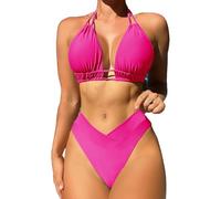 Sangdut Damen Zweiteiliger Bikini Set V Ausschnitt Badeanzug Push Up Shape Bikini Bademode Bauchkontrolle Mit Cups Triangel Bikinihose（Rosa，XL）