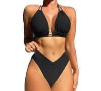 Sangdut Damen Zweiteiliger Bikini Set V Ausschnitt Badeanzug Push Up Shape Bikini Bademode Bauchkontrolle Mit Cups Triangel Bikinihose（Schwarz，2XL）