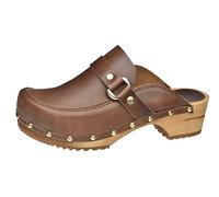 Sanita Lillen offener Clog | Original handgemacht | Leder-Holzclogs für Damen | Nachhaltige Sohle | Braun | 42 EU