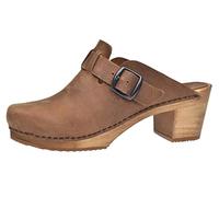 Sanita Malulo Clog | Original handgemacht | Leder-Holzclogs für Damen | Verstellbarer Riemen | Nachhaltiges Leder | Braun | 41 EU