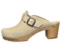 Sanita Malulo Clog | Original handgemacht | Leder-Holzclogs für Damen | Verstellbarer Riemen | Nachhaltiges Leder | Beige | 41 EU