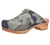 Sanita Soldi offener Clog | Original handgemacht | Leder-Holzclogs für Damen | Anatomisch geformtes Fußbett mit weichem Schaum | Nachhaltige Sohle | Olivgrüne Tarnung | 41 EU