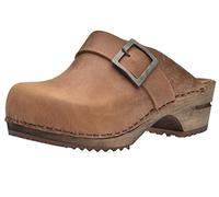 Sanita Urban Offener Clog | Original handgemacht | Leder-Holzclogs für Damen | Braun | EU 36