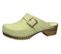 Sanita Urban Offener Clog | Original handgemacht | Leder-Holzclogs für Damen | Nachhaltige Materialen | Blattgrün | 40 EU