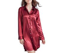 Sanraflic Nachthemd Damen, Satin Nachtkleid Langarm Nachtwäsche mit Knopfleiste Schlafhemd Freizeitkleidung (Burgund, L)