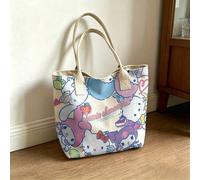 Sanrio Charaktere Allover-Muster Segeltuch Tragetasche, cremefarbene Basis mit niedlichen Charakteren Schultertasche für den täglichen Gebrauch