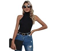 SaoBiiu Damen Rollkragen, ärmellos, gerippt, gestrickt, hohe Stretch, bauchfreies Tanktop, Weste, T-Shirts, Schwarz , One size