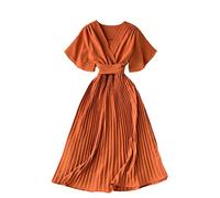 SaoBiiu Damen-Sommerkleid, V-Ausschnitt, plissiert, Chiffon-Kleid, schmale Tunika, Bandage-Kleid, Orange/Rot, Einheitsgröße