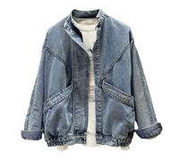 SaoBiiu Frühling Damen Jeansjacken Stehkragen Einreiher Jeansjacke Weibliche Lose Streetwear Mantel Blue M