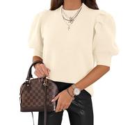 Saodimallsu Damen Puff Kurzarm Pullover Rundhals T-Shirt Sommer Leicht Strickpullover Puffärmel Elegante Stretch Bluse Einfarbige Oberteile Basic Sweatshirt Tops Cremeweiß S