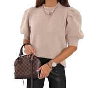 Saodimallsu Damen Puff Kurzarm Pullover Rundhals T-Shirt Sommer Leicht Strickpullover Puffärmel Elegante Stretch Bluse Einfarbige Oberteile Basic Sweatshirt Tops Beige M