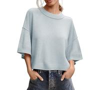 Saodimallsu Damen Pullover Kurzarm Rundhals Oversized T-Shirt Sommer Leicht Fledermausärmel Strickpullover Einfarbig Elegante Oberteile Tops Hellgrau XS