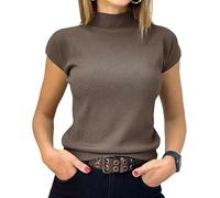 Saodimallsu Damen Pullover Kurzarm Sommer Strickpullover mit Stehkragen Einfarbig Slim Fit T-Shirt Oberteile Leicht Basic Strickshirts Braun XL