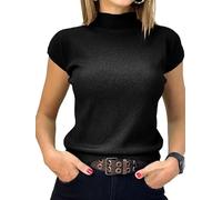 Saodimallsu Damen Pullover Kurzarm Sommer Strickpullover mit Stehkragen Einfarbig Slim Fit T-Shirt Oberteile Leicht Basic Strickshirts Schwarz XL