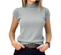 Saodimallsu Damen Pullover Kurzarm Sommer Strickpullover mit Stehkragen Einfarbig Slim Fit T-Shirt Oberteile Leicht Basic Strickshirts Grau XL