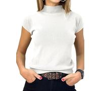 Saodimallsu Damen Pullover Kurzarm Sommer Strickpullover mit Stehkragen Einfarbig Slim Fit T-Shirt Oberteile Leicht Basic Strickshirts Weiß L